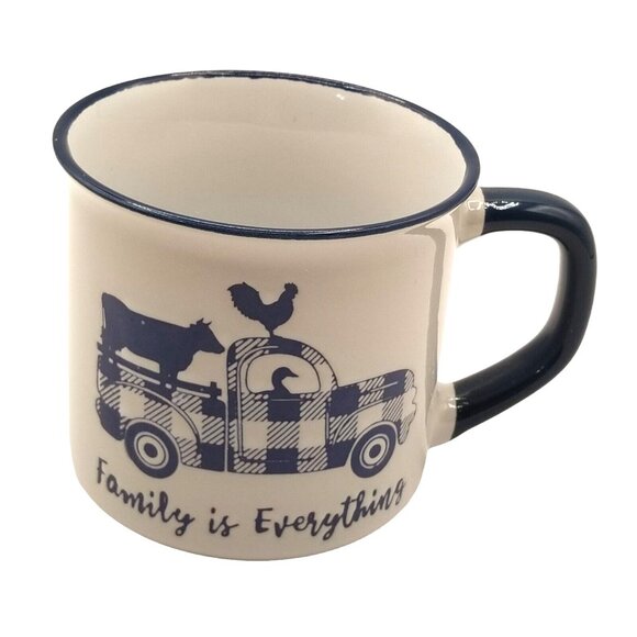 Family Is Everything Coffee Mug Blue White Farm Farmhouse Chicken Cow Pickup - Picture 1 of 8